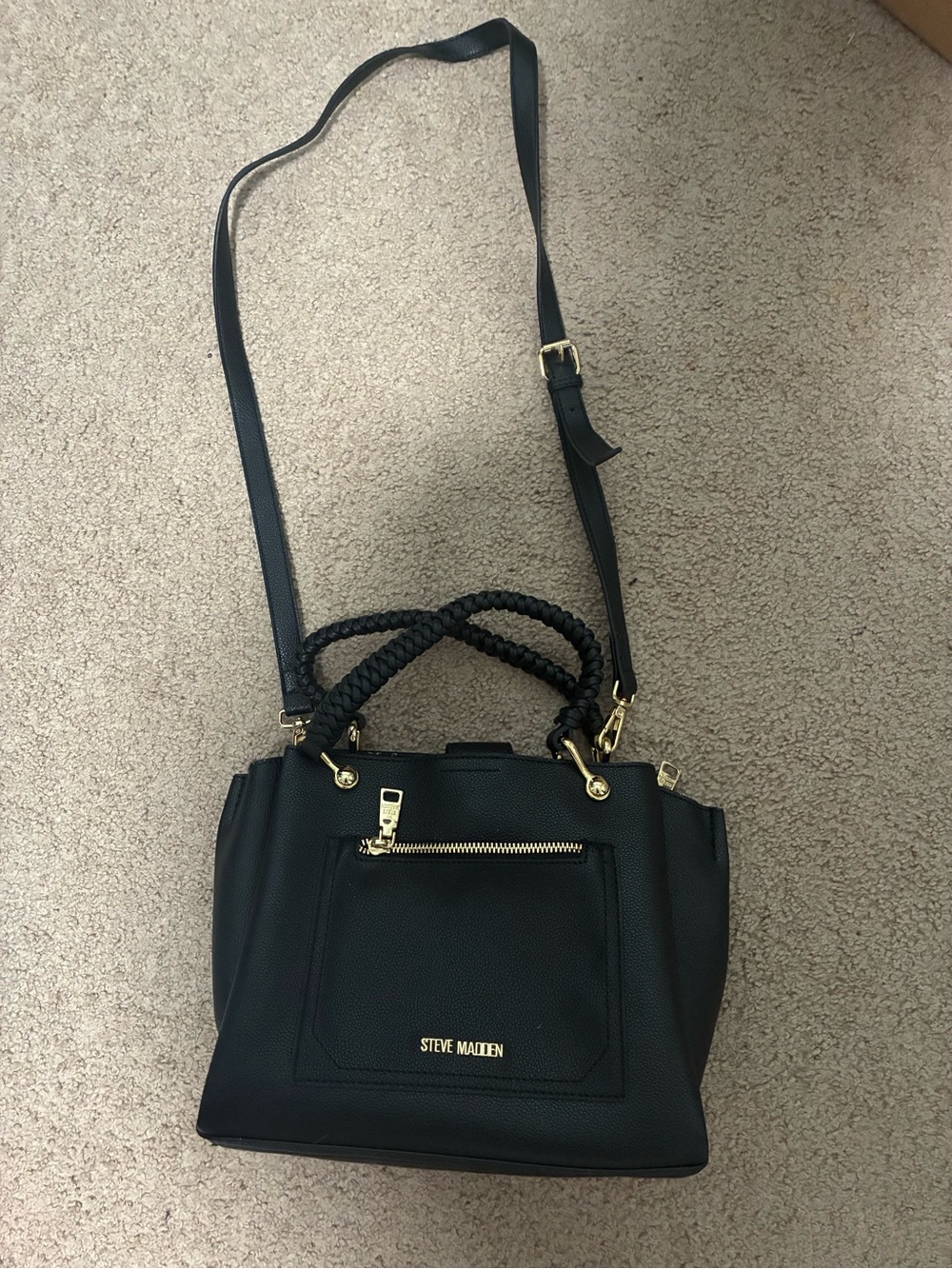 Steve Madden Black Braided-Handle Satchel with Gold Hardware